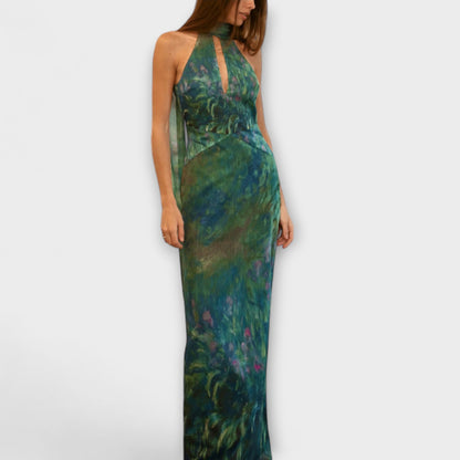 Vestido Maxi Mujer de Gasa Estampado Cuello Halter