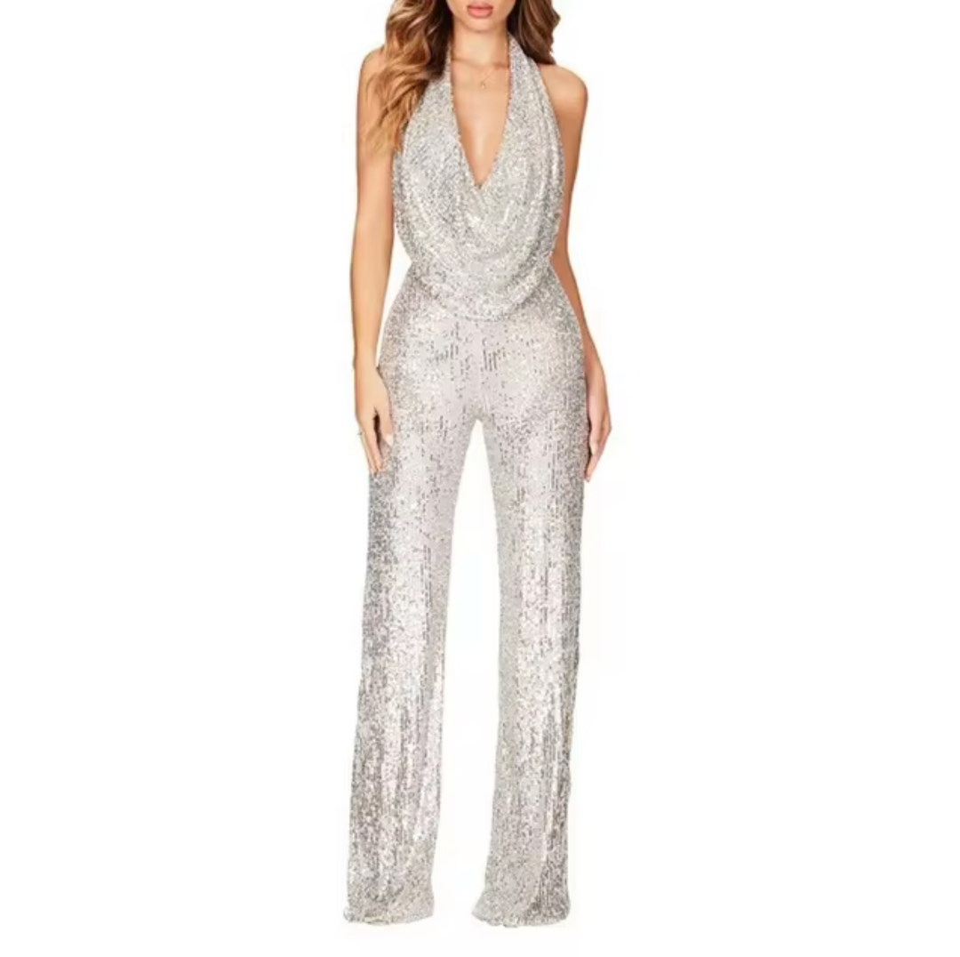 Mono Mujer con Lentejuelas y Cuello Halter Elegante