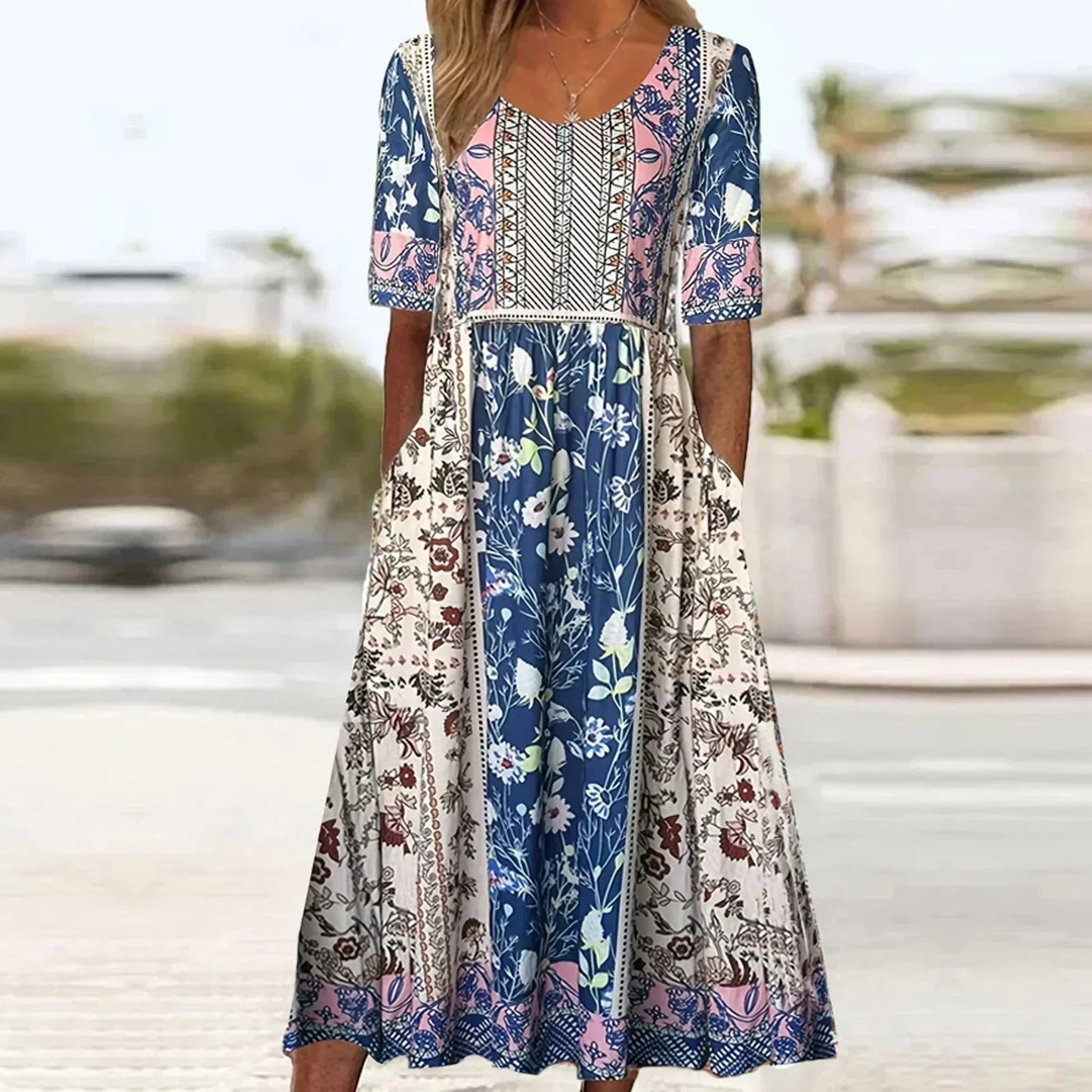 Vestido midi mujer estilo bohemio escote cuadrado mangas cortas