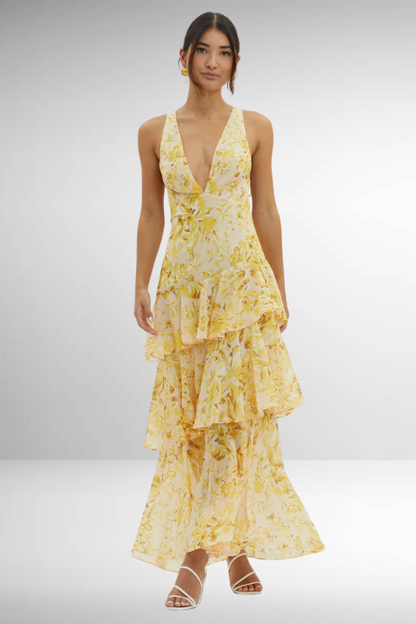 Vestido maxi mujer con volante y estampado floral