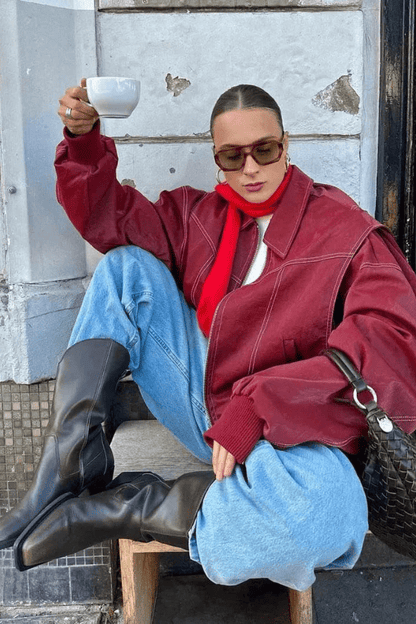 Cazadora Bomber Mujer Cuero Sintético Oversize Costuras Contrastadas