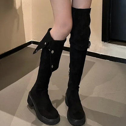 Botas Altas Mujer de Terciopelo con Botones Decorativos