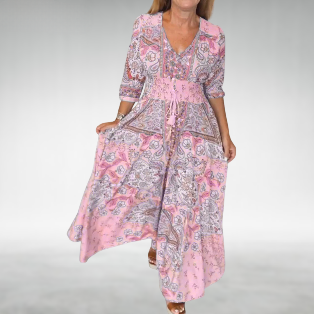 Vestido Maxi Mujer Estilo Bohemio Cuello en V Cintura Elástica