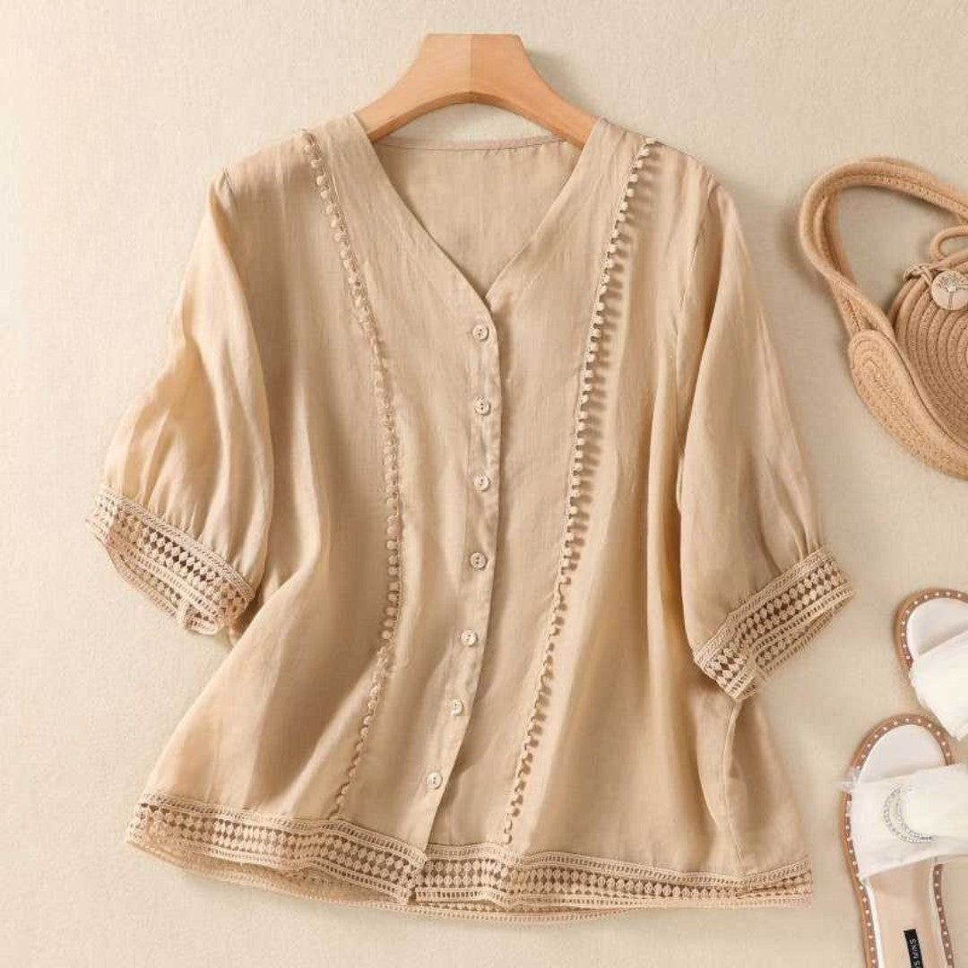 Blusa Mujer Escote en V Botones Detalles de Encaje