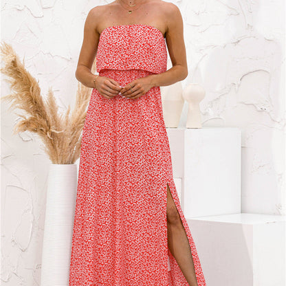 Vestido Largo Mujer Estampado Floral Palabra de Honor Casual