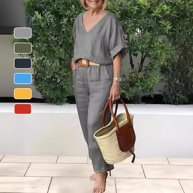Conjunto mujer cuello en V pantalón recto bolsillos casual