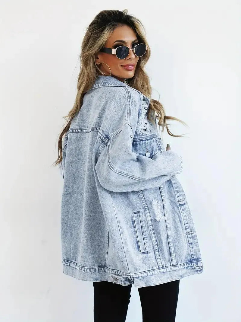 Chaqueta Vaquera Mujer Algodón Oversize Efecto Lavado Desgastada
