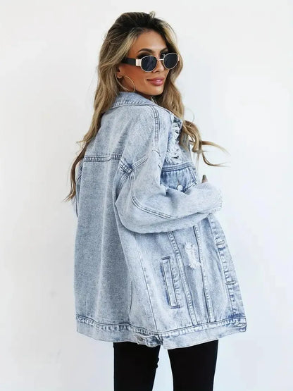 Chaqueta Vaquera Mujer Algodón Oversize Efecto Lavado Desgastada