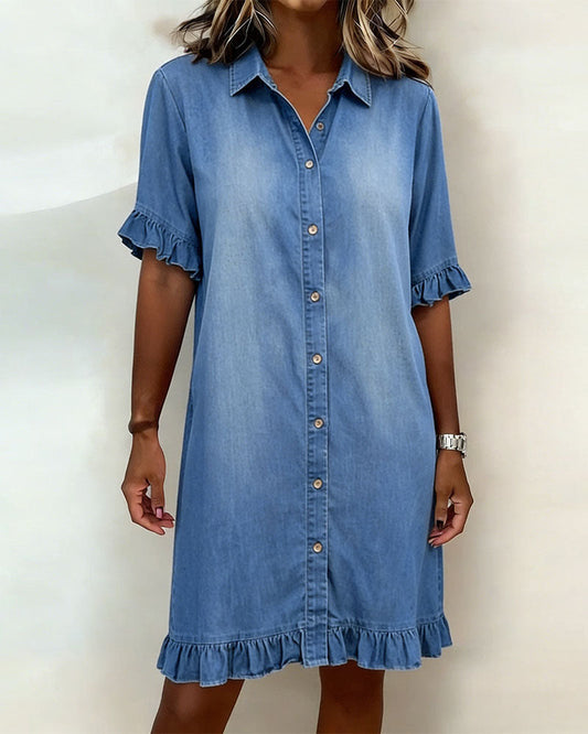 Vestido Mujer de Denim con Botones y Volantes Estilo Casual - Mavetta