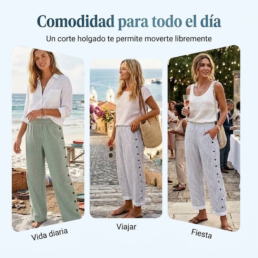 Pantalón recto Mujer con botones laterales y rayas