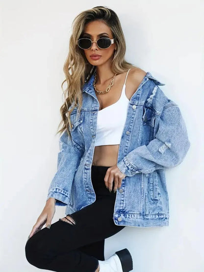 Chaqueta Vaquera Mujer Algodón Oversize Efecto Lavado Desgastada