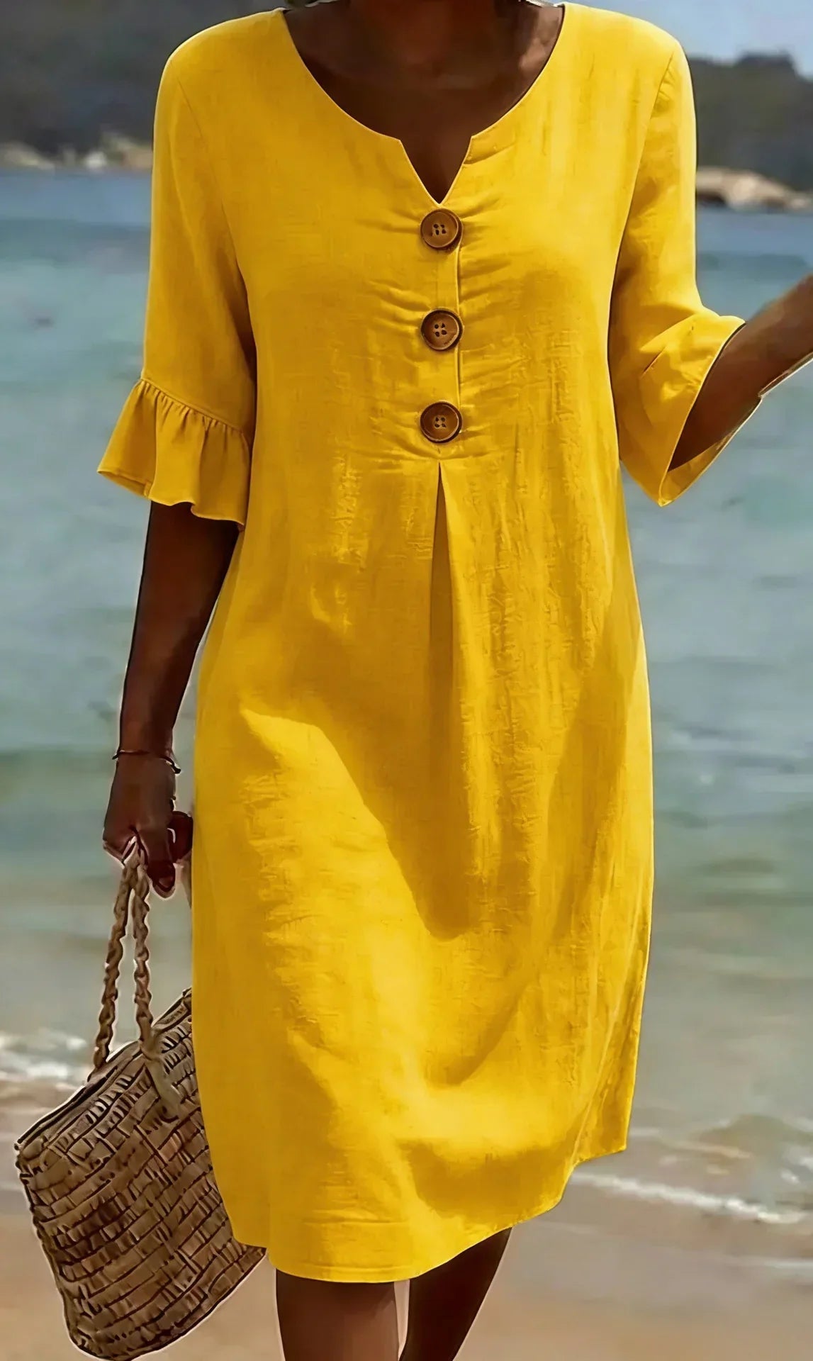 Vestido mujer de lino manga abullonada estilo fresco