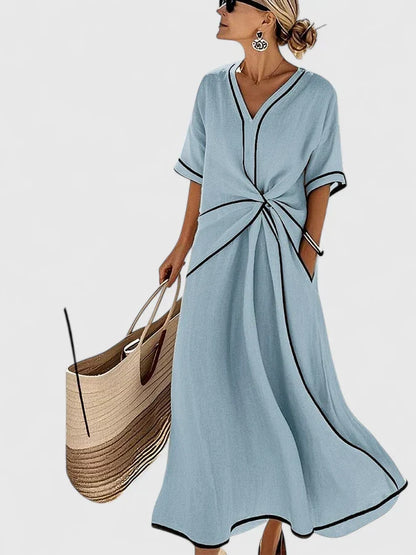 Vestido maxi mujer ligero escote en V detalle fruncido cintura