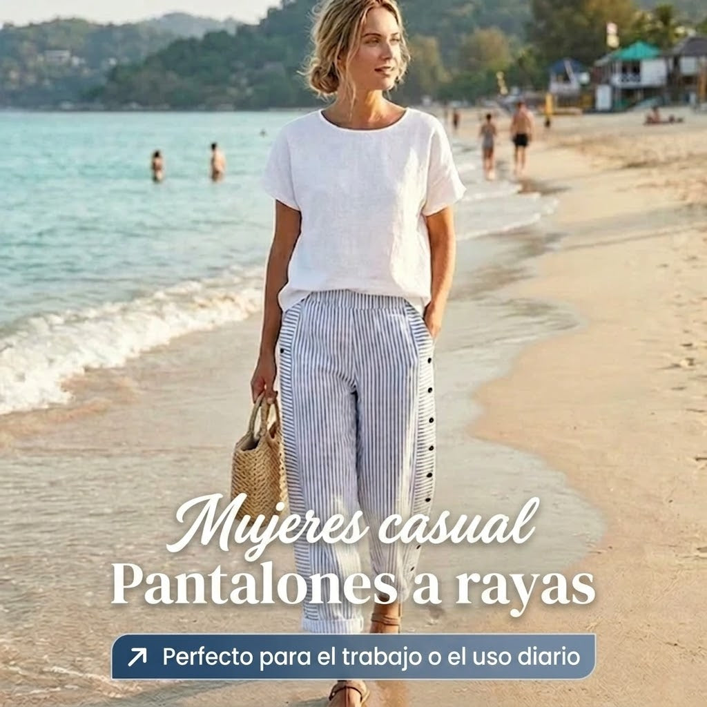 Pantalón recto Mujer con botones laterales y rayas