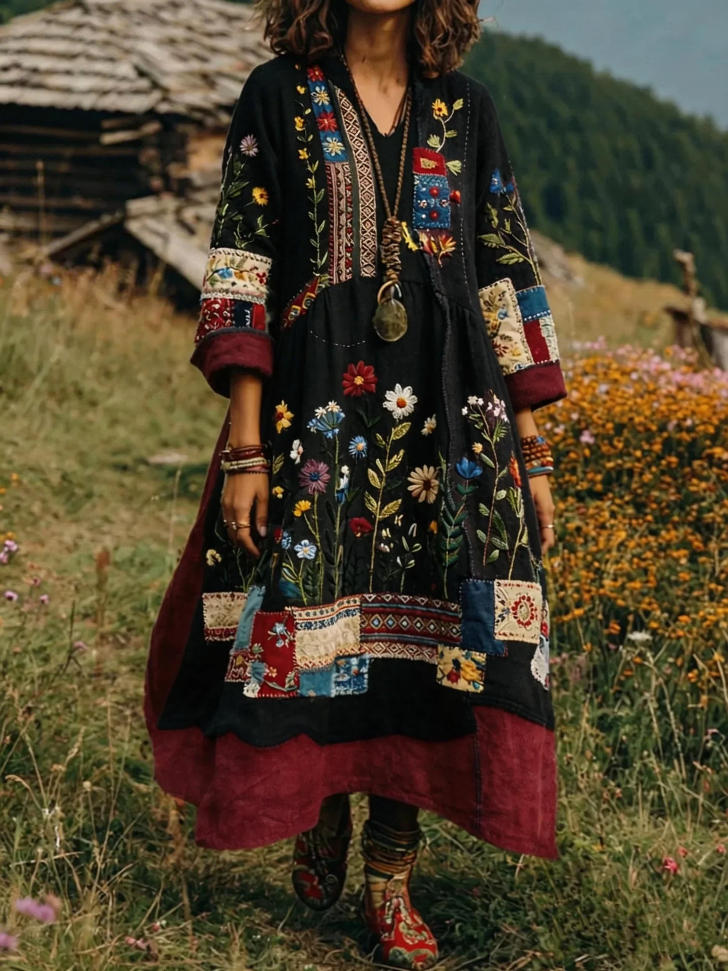 Vestido largo mujer patchwork bordado estilo bohemio fluido