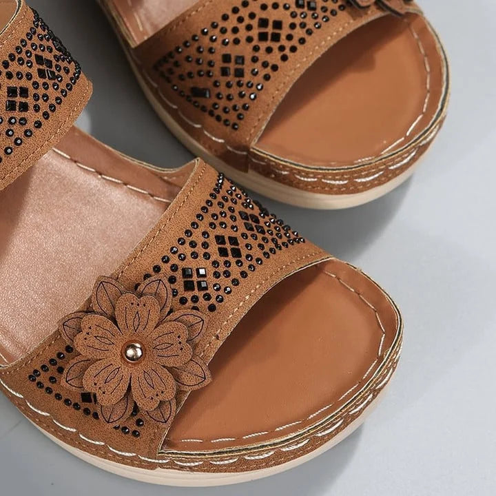Sandalias Mujer con Cuña y Tiras Florales Transpirables