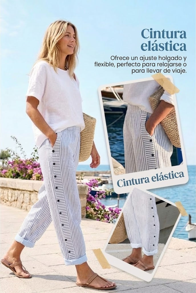 Pantalón recto Mujer con botones laterales y rayas