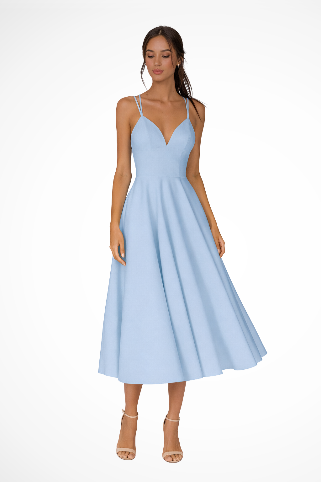 Vestido midi Mujer con tirantes finos y falda evasé