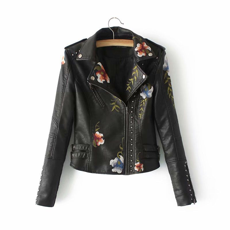 Alessia - Chaqueta de cuero con flores bordadas para mujer