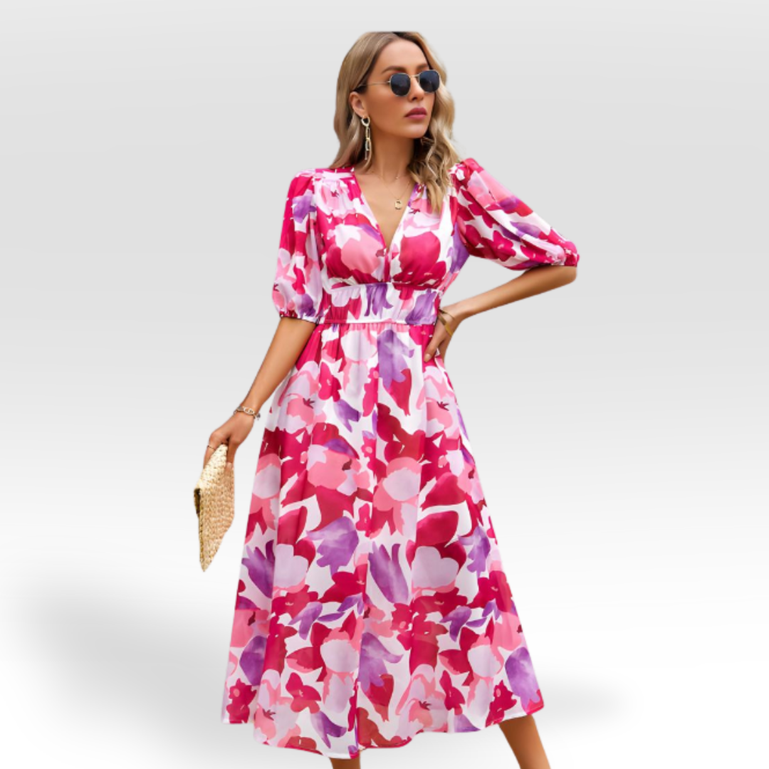 Vestido midi mujer con vuelo y escote en v