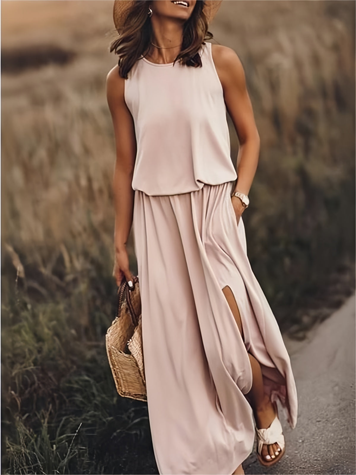 Vestido largo mujer sin mangas abertura pierna verano