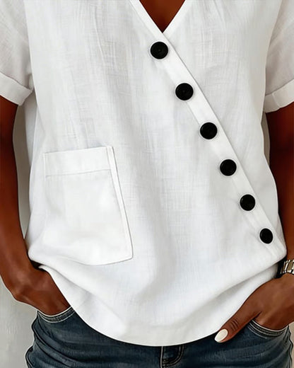 mujer de algodón y lino con botones diagonales estilo moderno