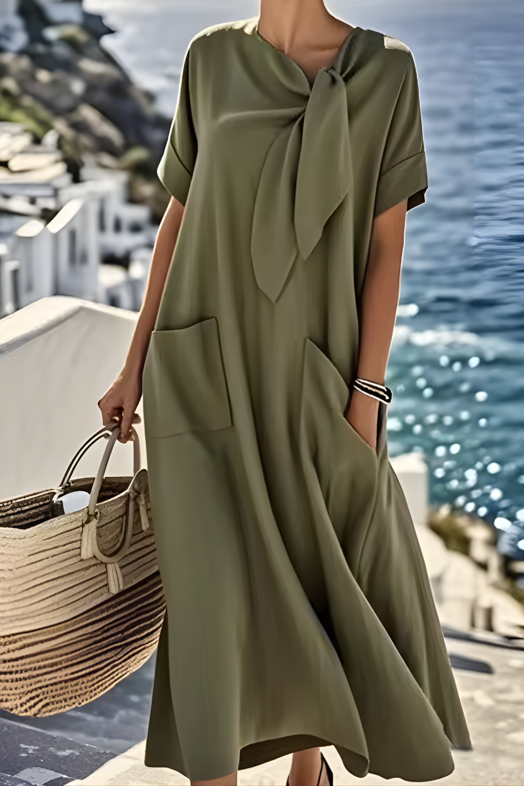 Vestido Midi Mujer con Lazo Bolsillos Corte Suelto