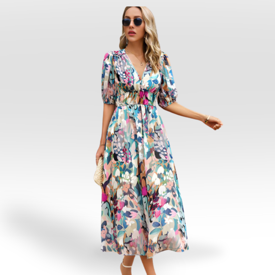 Vestido midi mujer con vuelo y escote en v