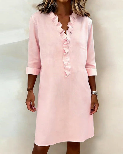 Vestido mujer lino algodón escote en V volantes casual