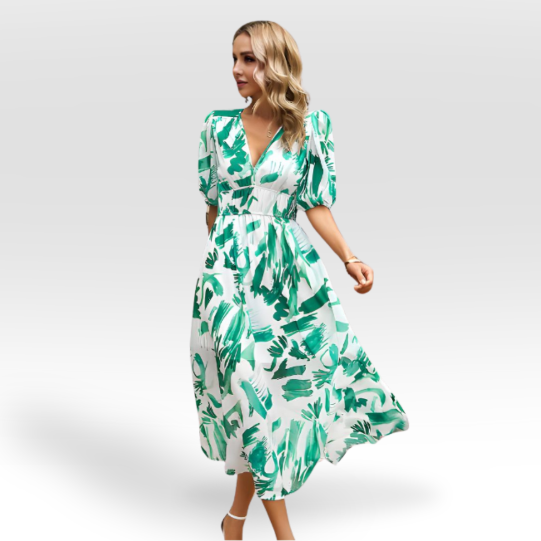 Vestido midi mujer con vuelo y escote en v