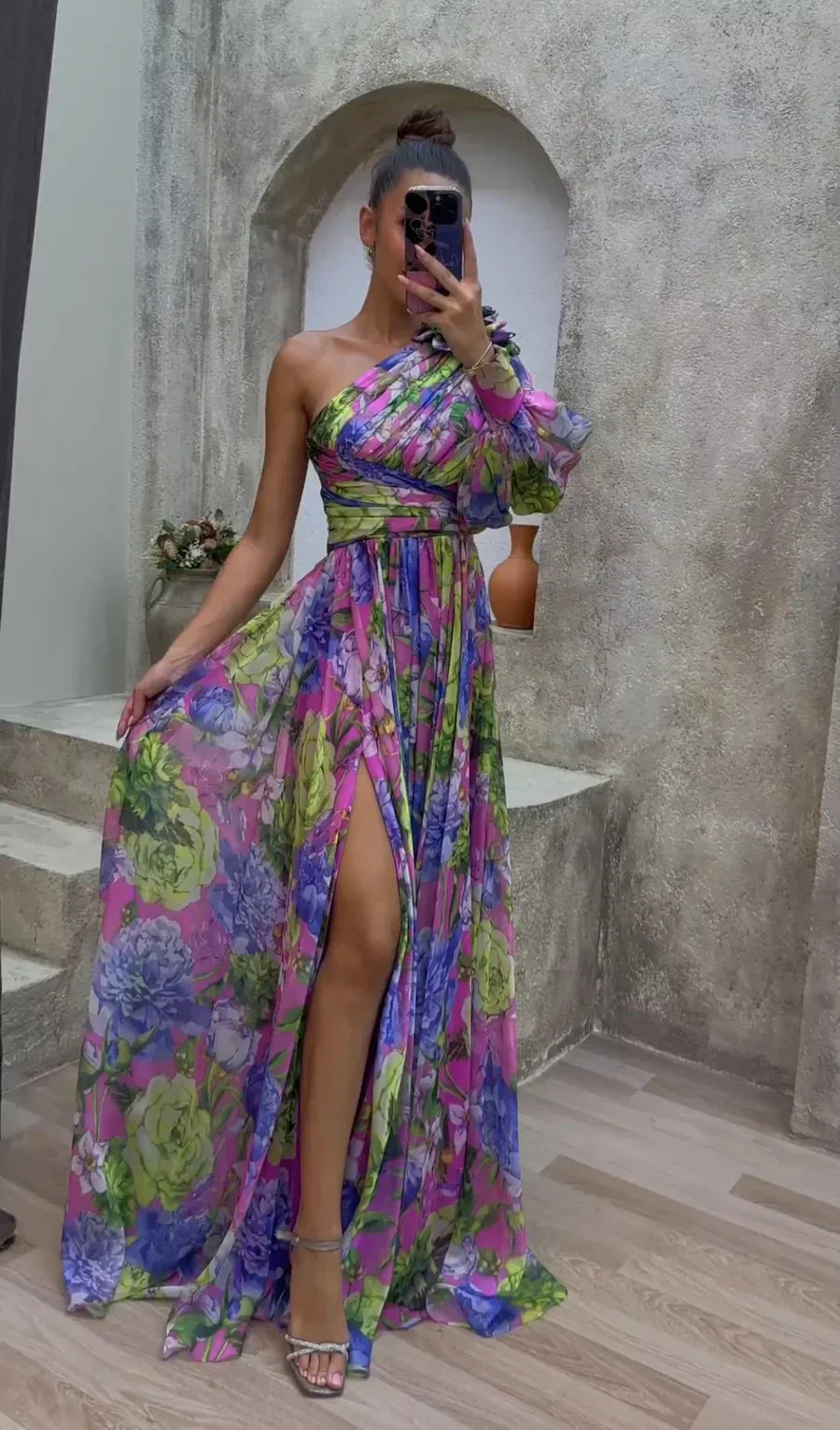 Vestido maxi mujer de verano con hombro descubierto y estampado