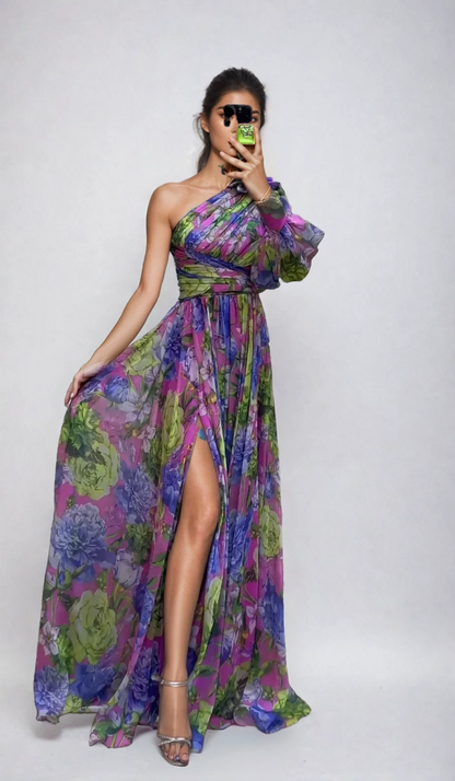 Vestido maxi mujer de verano con hombro descubierto y estampado