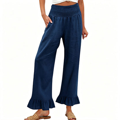 Pantalón mujer algodón y lino ancho tiro alto volante boho