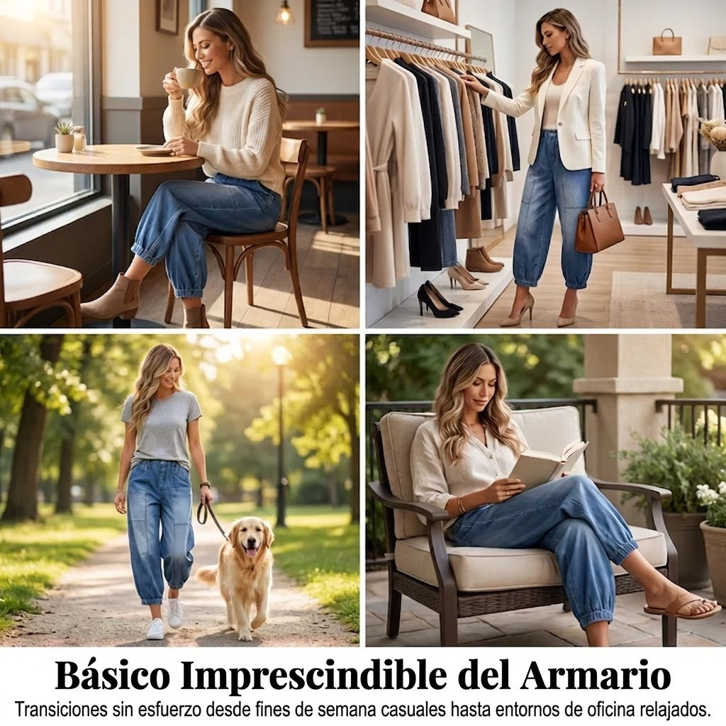 Pantalones Vaqueros Mujer Cintura Elástica Corte Cropped Holgado