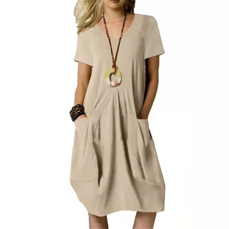 Vestido mujer casual Algodón mangas cortas suelto bolsillos