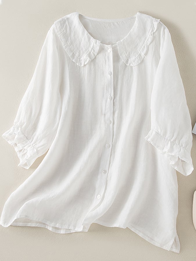 Blusa Mujer con Cuello de Volantes y Manga Tres Cuartos