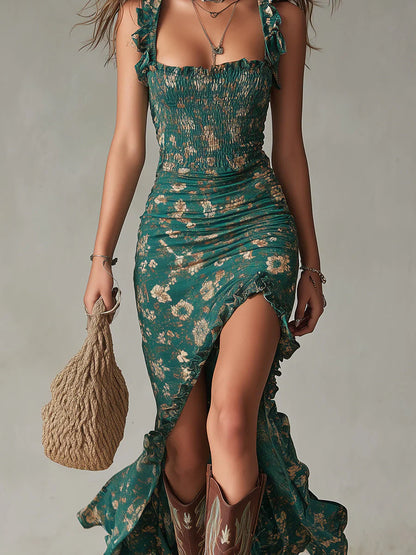 Vestido Mujer Boho Volantes Abertura Estilo Retro