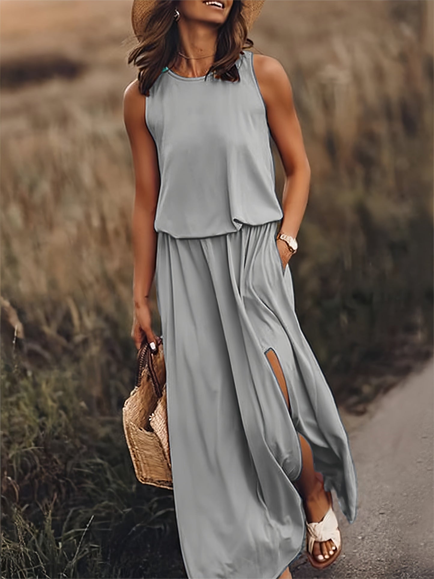 Vestido largo mujer sin mangas abertura pierna verano