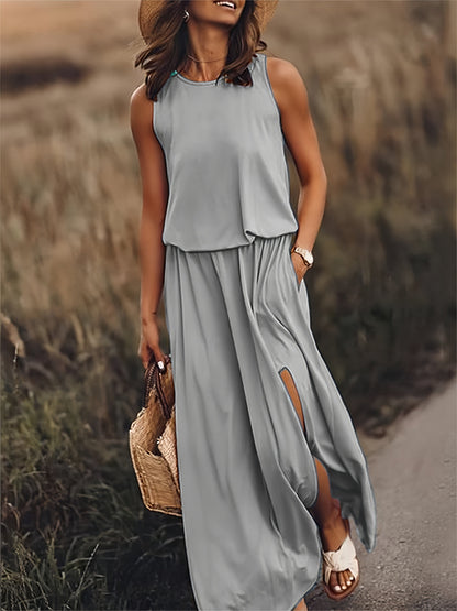 Vestido largo mujer sin mangas abertura pierna verano