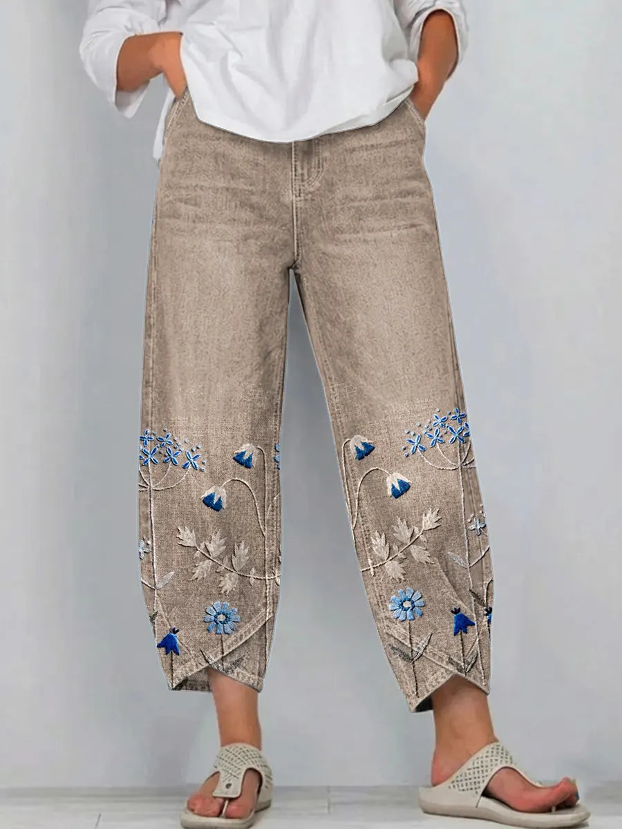 Pantalón mujer denim algodón bordado floral corte recto boho - Mavetta