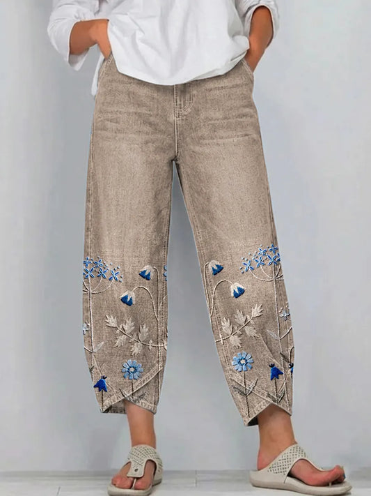Pantalón mujer denim algodón bordado floral corte recto boho - Mavetta