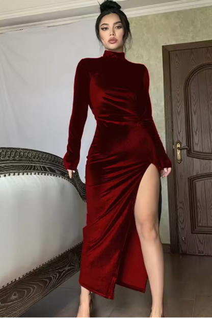 Vestido maxi mujer con mangas largas fruncido y abertura lateral