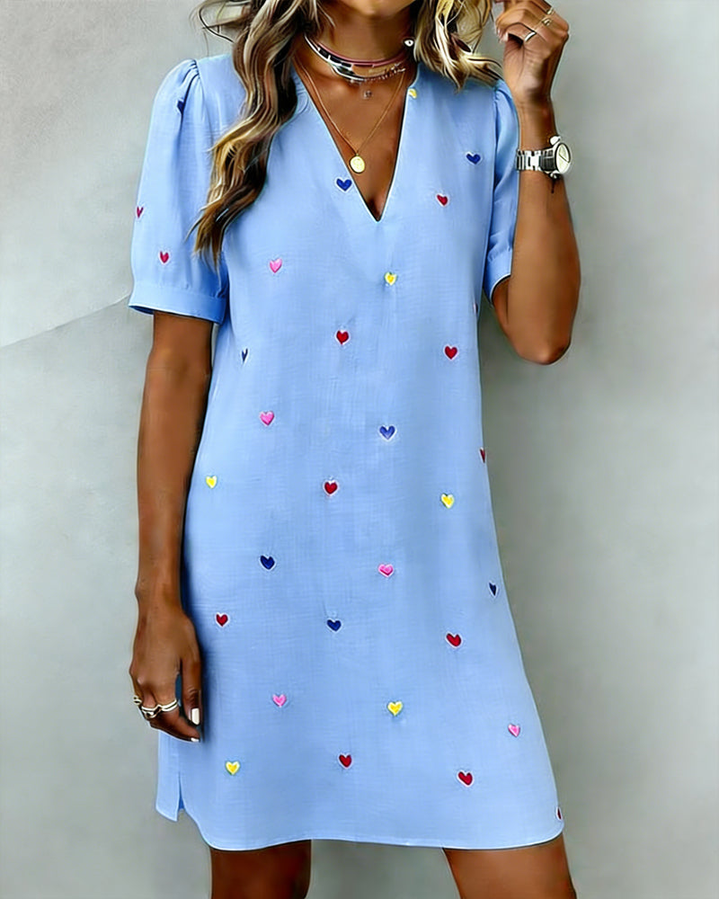 Vestido corto mujer algodón lino escote en V manga abullonada