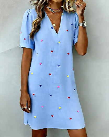 Vestido corto mujer algodón lino escote en V manga abullonada