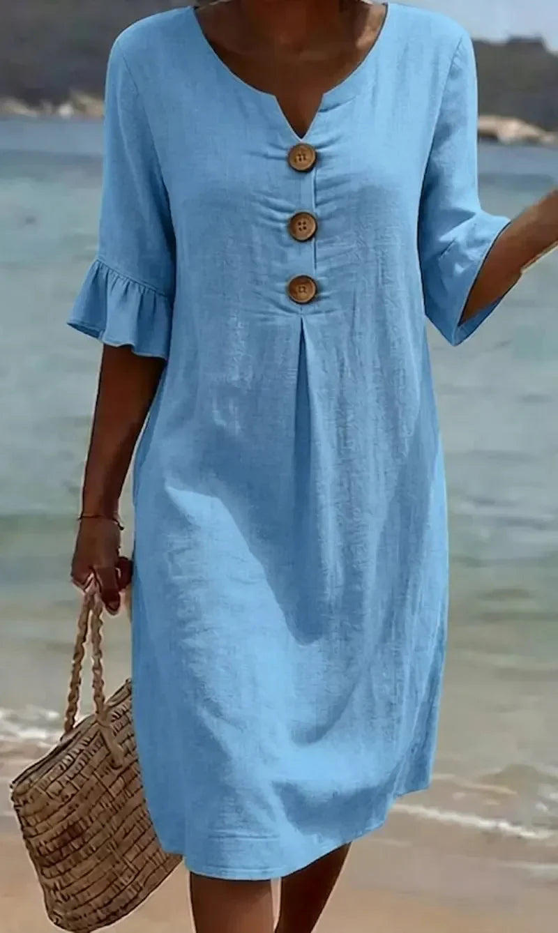 Vestido mujer de lino manga abullonada estilo fresco