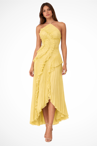 Vestido maxi mujer sin mangas halter con volante y espalda descubierta