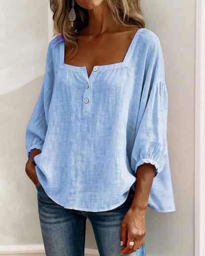 Blusa Mujer Escote Cuadrado Botones Ajuste Clasico