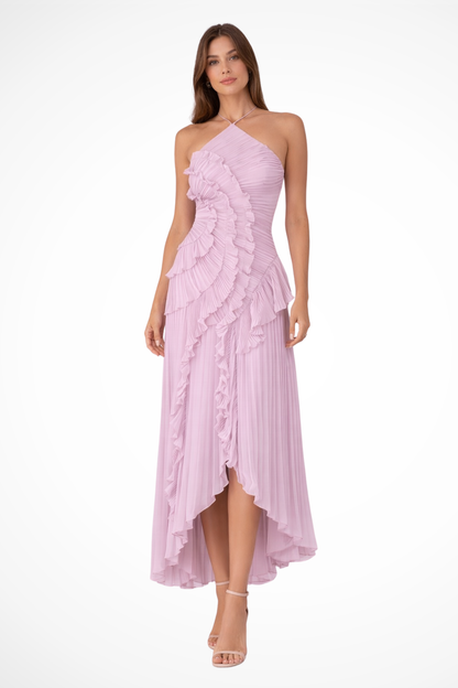 Vestido maxi mujer sin mangas halter con volante y espalda descubierta