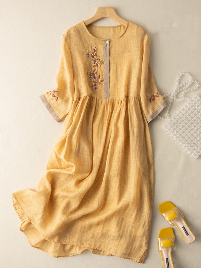 Vestido Mujer Bordado Manga Larga Cuello Redondo - Mavetta