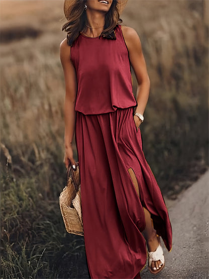 Vestido largo mujer sin mangas abertura pierna verano